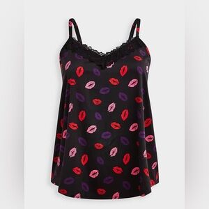 Torrid Lace Trim V Neck Sleep Cami Dream Satin Lips Black 3X